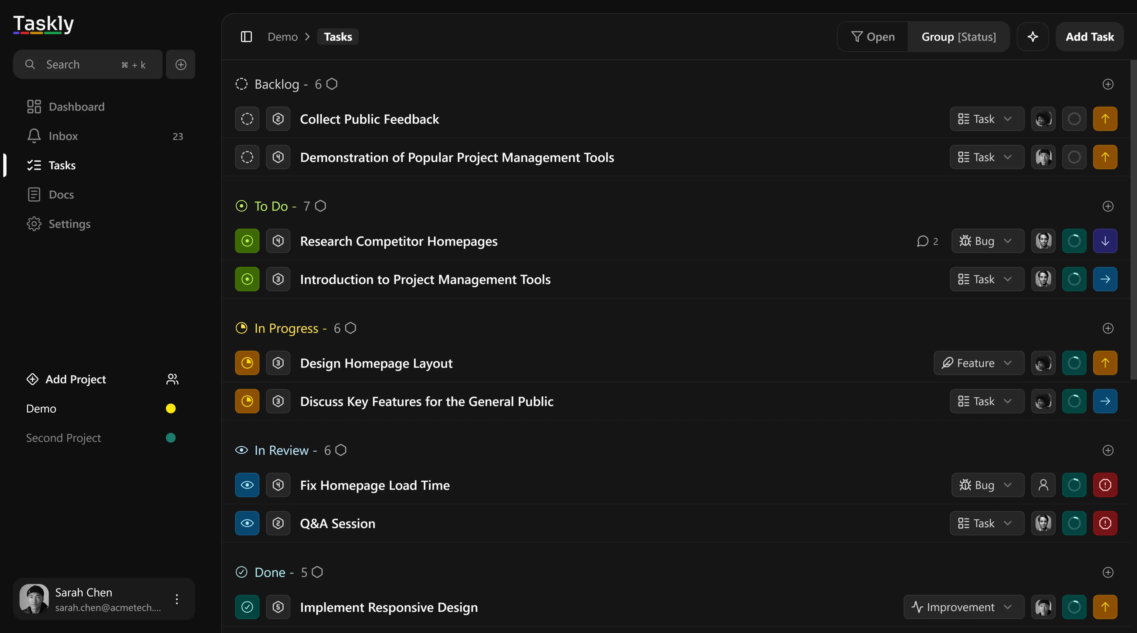 Taskly Application Example, task board project management backlog for agile tool.